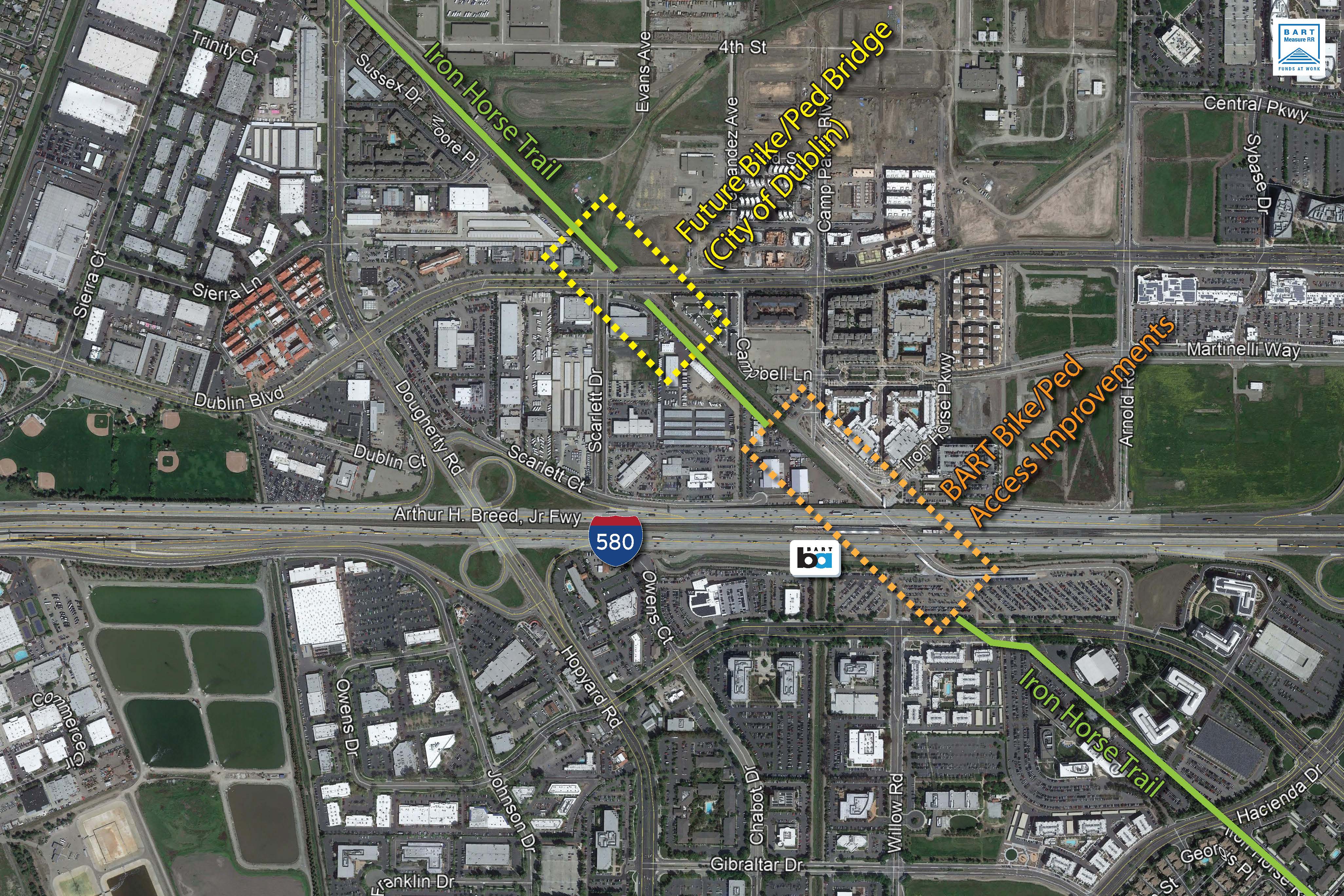 Aerial image of station area highlighting BART's project area and City of Dublin's project area