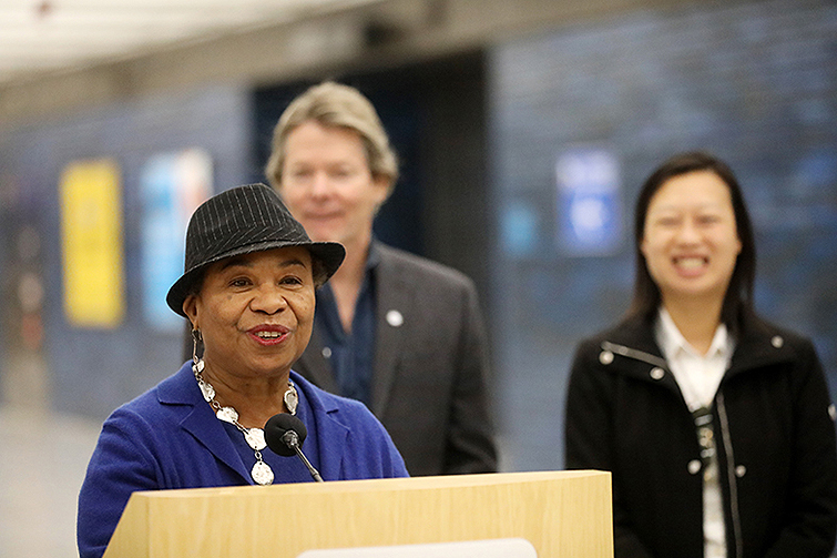 Rep. Barbara Lee speaks during the ribbon cutting