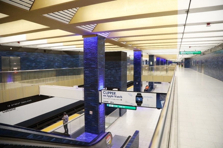 The gold ceiling motif is seen at newly modernized 19th St. Station in Oakland.