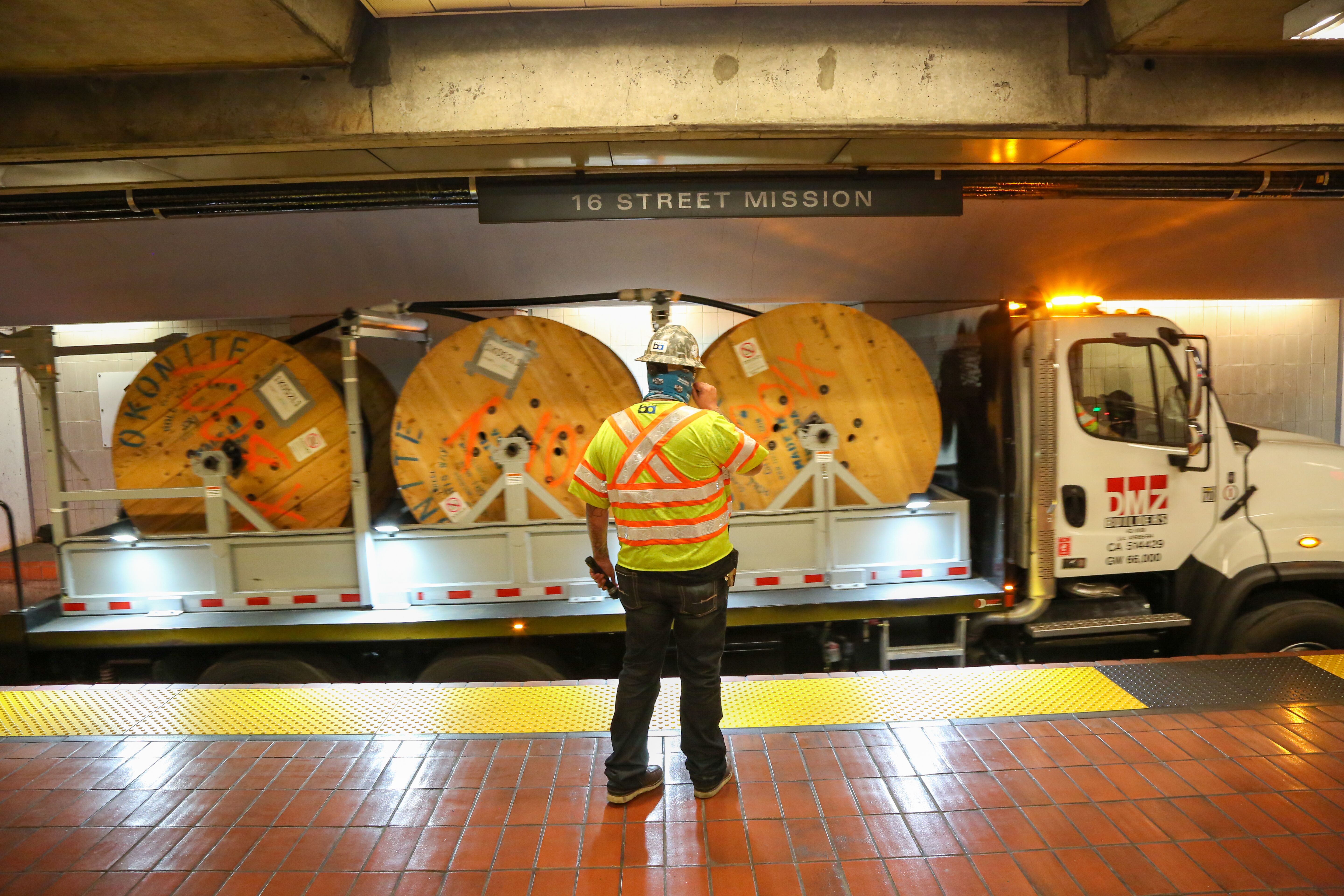 Cable rail truck with 3,000 feet of cable being transported