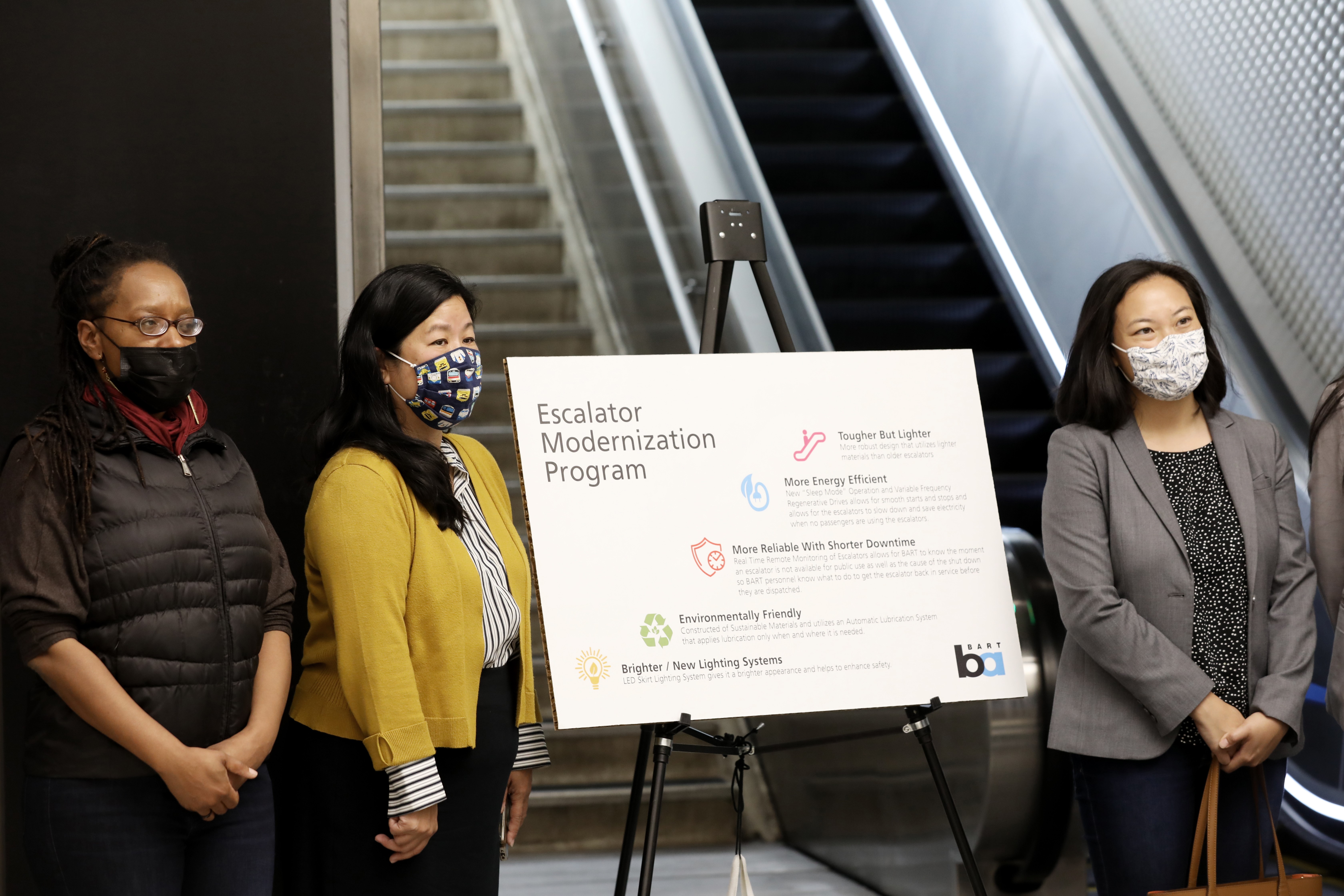 Powell station escalator opens with a ribbon cutting ceremony featuring BART board members and dignitaries