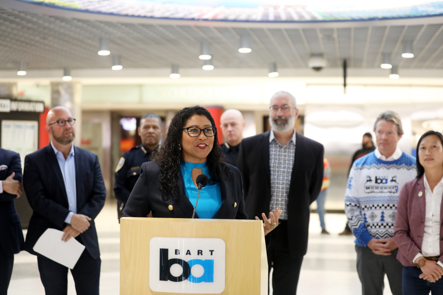 San Francisco Mayor London Breed speaks at the ribbon cutting for Powell St. Station modernization on Nov. 22, 2022.