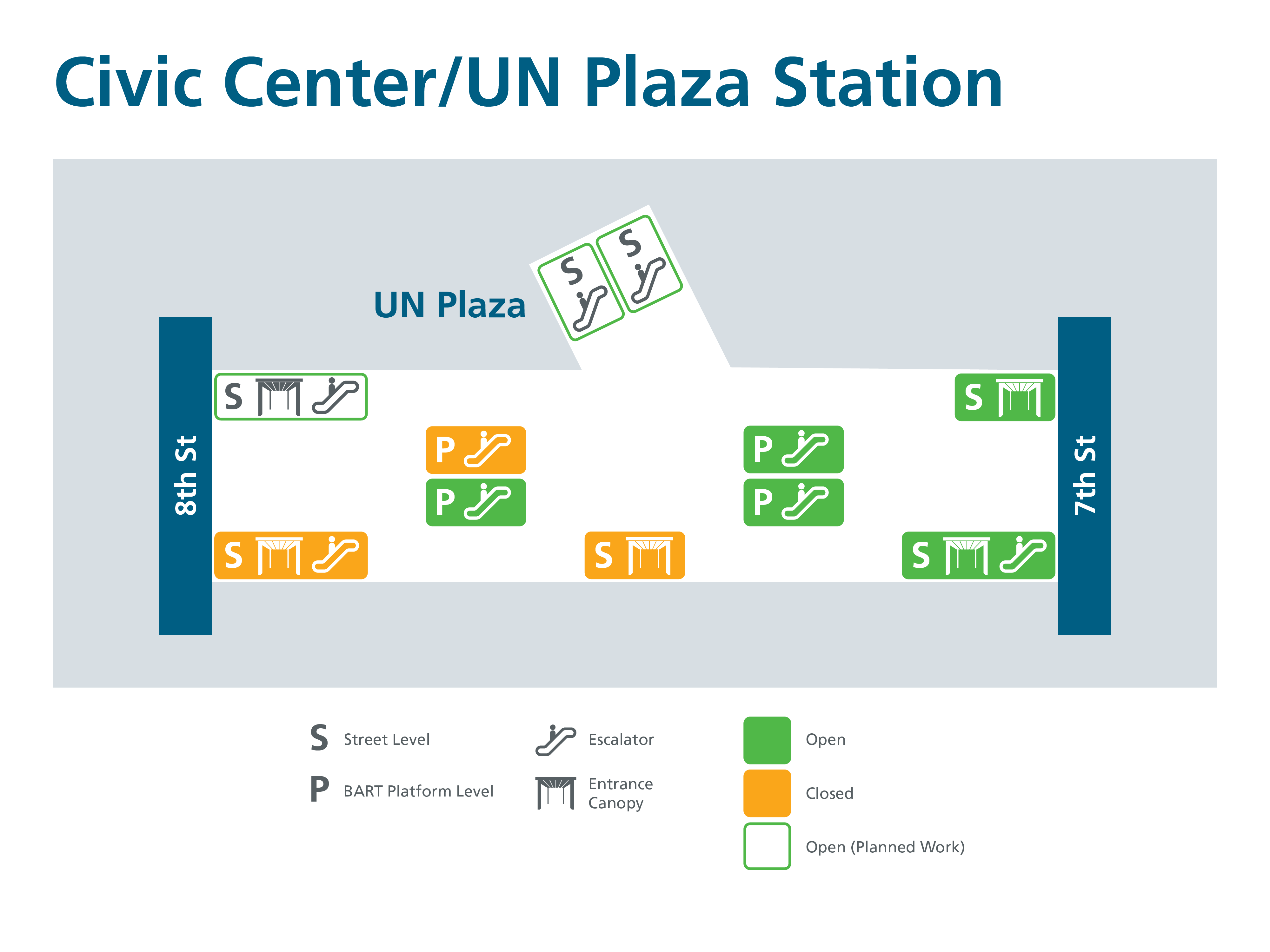 A map showing the status of Civic Center Station entrances