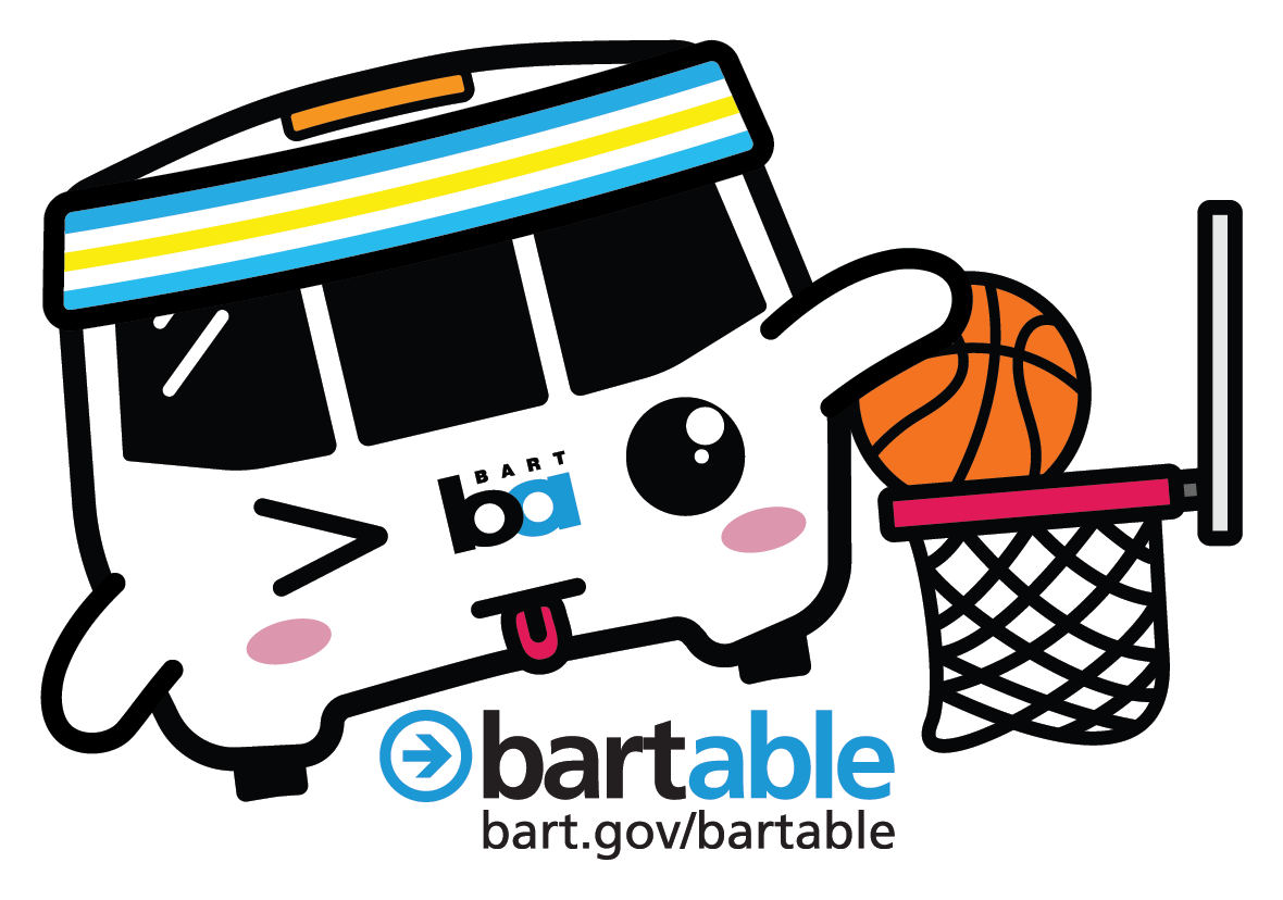 BARTy mascot dunking with the text bartable and bart.gov/bartable underneath