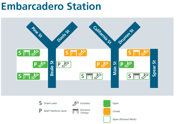 Image of Embarcadero entrances and exits, elevators, and escalators