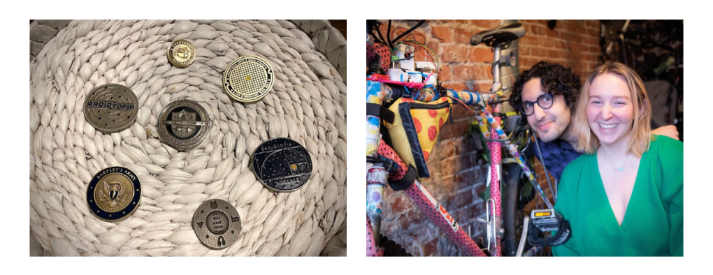 Left: The challenge coins. Right: Armin and Marylee pose with Armin’s colorful bicycle. 