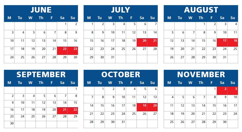calendar of weekend shutdown schedule