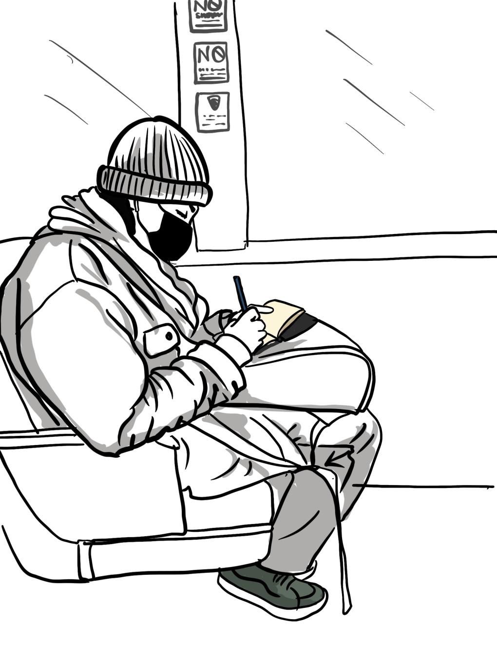 A line drawing of a person sitting on a BART train