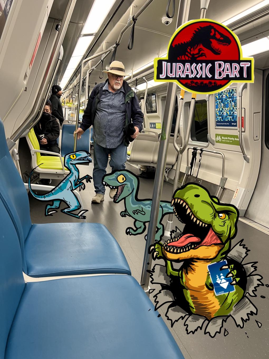 An illustration of dinosaurs on BART with a Jurassic Park logo and a man in a hat walking on the train