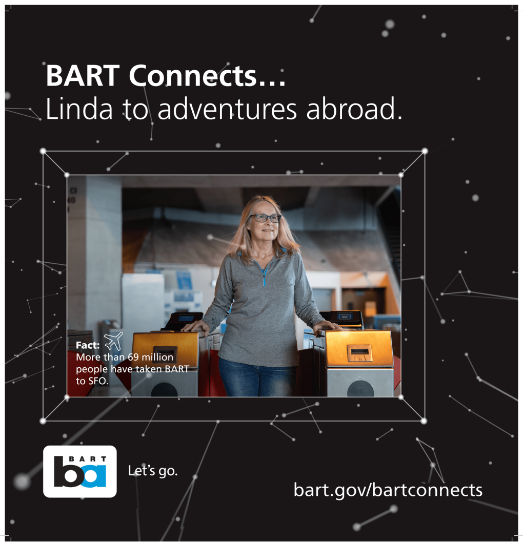 Advertisement for BART featuring a person standing in front of a luggage conveyor belt, alongside the text 'BART Connects... Linda to adventures abroad' and a fact about over 69 million rides to SFO. Bottom of image includes BART logo and link to more information.