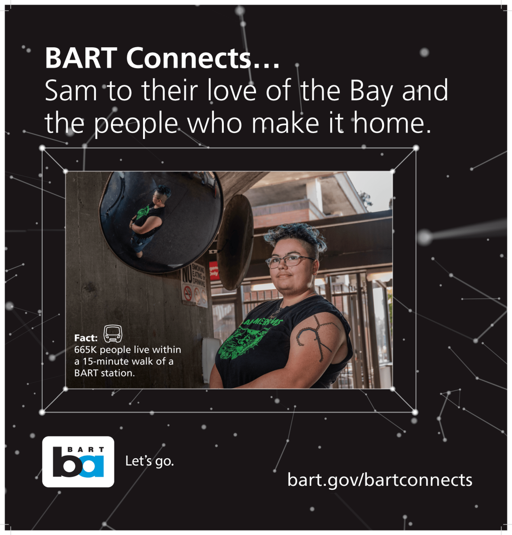 Promotional image for BART featuring an individual standing confidently next to a commuter train with text highlighting that 65K people live within a 15-minute walk of a BART station. Visit bart.gov/bartconnects for more information.