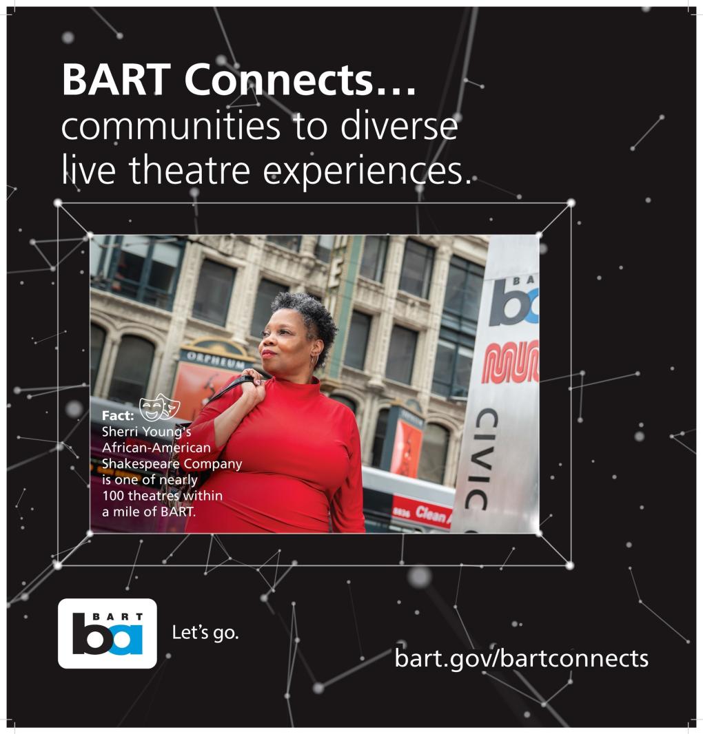 Advertisement for BART featuring a person in a red shirt speaking passionately in an urban setting, with a quote about live theatre experiences and a reference to the African-American Shakespeare Company within walking distance of a BART station. Visit bart.gov/bartconnects for more information.