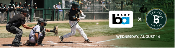 A baseball player swinging at a pitch while the catcher and umpire watch closely in a game. On the right, promotional logos for BART and Oakland B’s with the date "Wednesday, August 14" are displayed.