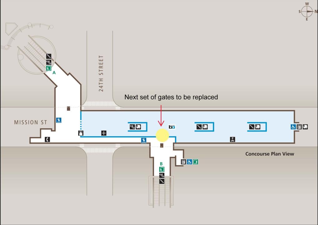 Map of concourse level of 24th Street/Mission Station showing second array of gates to be replaced. Location is center of the concourse level just south of the Station Agent Booth