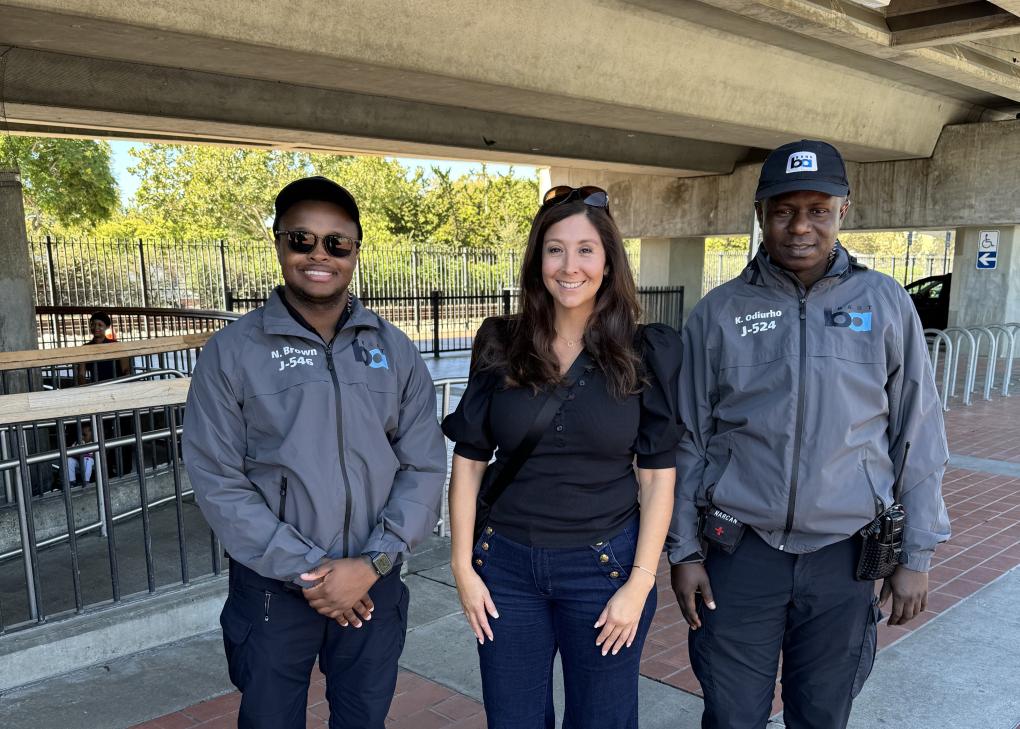 Director Hernandez with Transit Ambassadors Nequavis Brown and Kingsley Odiurho at Hayward Station. 