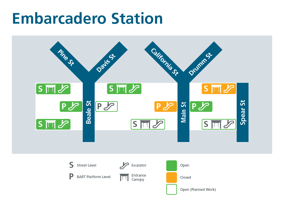 A map of Embarcadero Station showing current entrance status