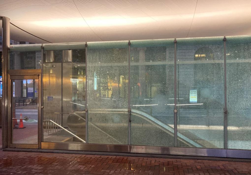 Damage to glass panels of canopy at Embarcadero Station