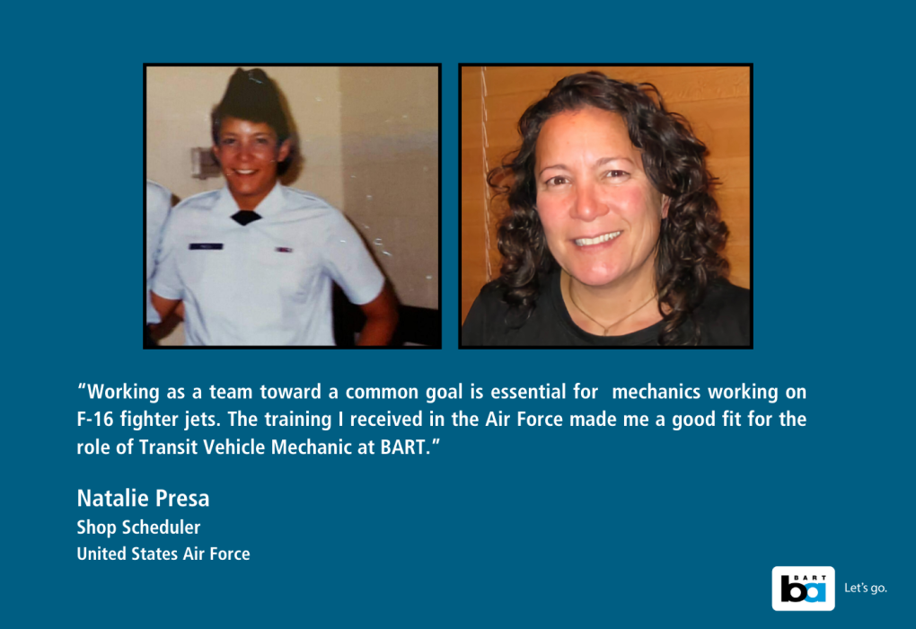 Image on the left shows a person in a United States Air Force uniform, smiling. Image on the right shows the same person, smiling casually in civilian clothes. A quote about their experience as a mechanic on F-16 fighter jets and their role at BART as a Transit Vehicle Mechanic accompanies the images.