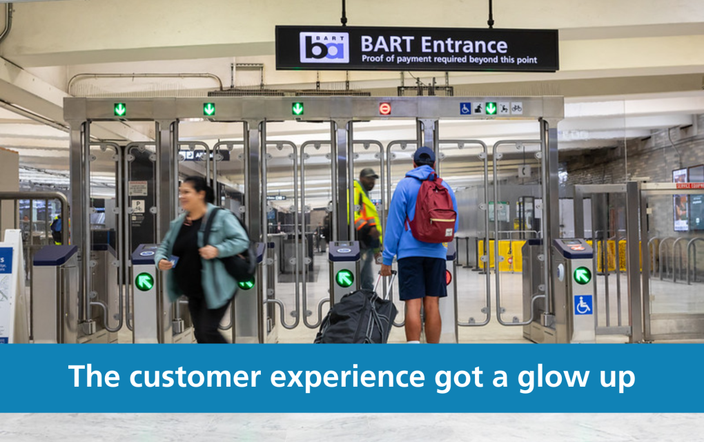 Photo of new fare gates with the text "The customer experience got a glow up"