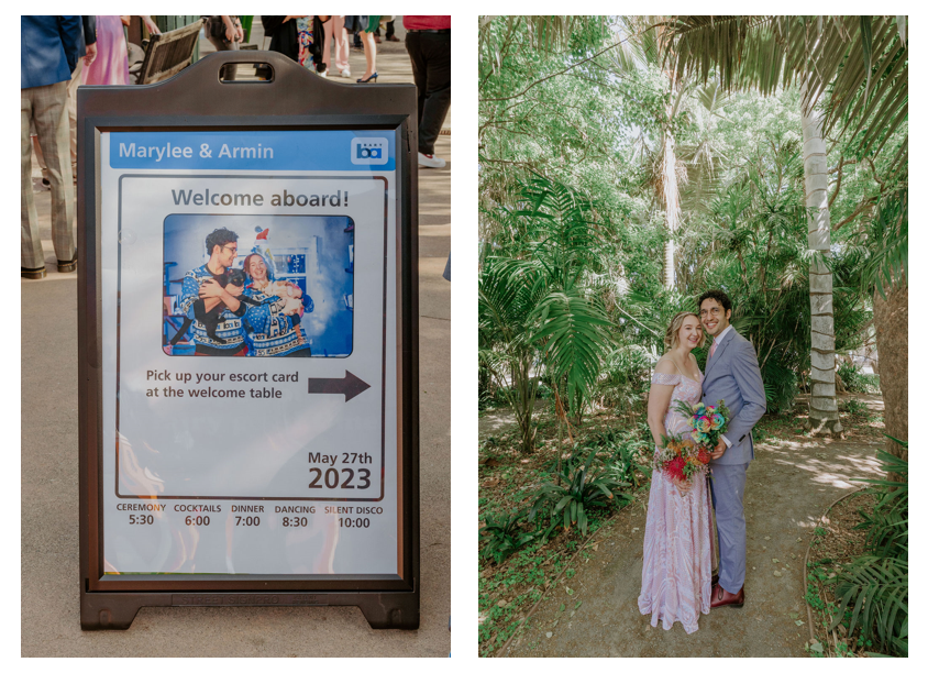 Side by side image of a poster and a couple smiling on their wedding day