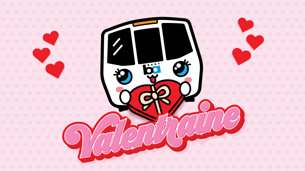 Valentraine graphic with a train and hearts