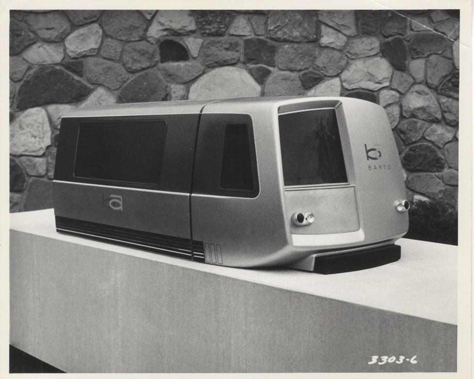 Photograph of a 1/12 scale model of a BART train prototype from the 1960s.